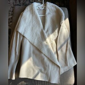 Cream off white mixed media partial faux suede/sweater sleeves. soft and comfy.